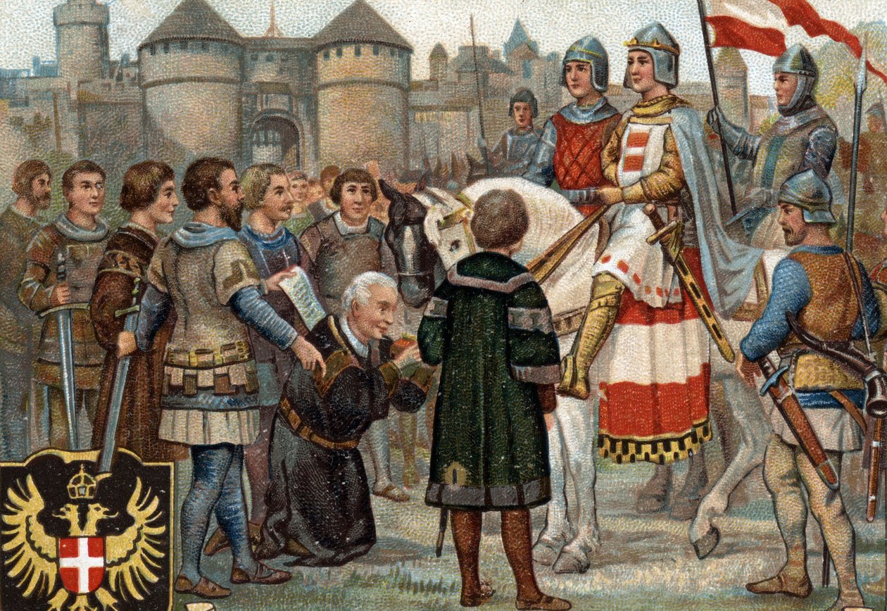 Historische Episoden berühmter Städte: Rudolf von Habsburg (Rudolf I. des Heiligen Römischen Reiches 1218-1291) nahm Wien in Besitz (1276). Rudolf I. war König der Römer und durch die Einnahme der Stadt Wien begründete er die Macht der Habsburger. Chromoli von Unknown artist