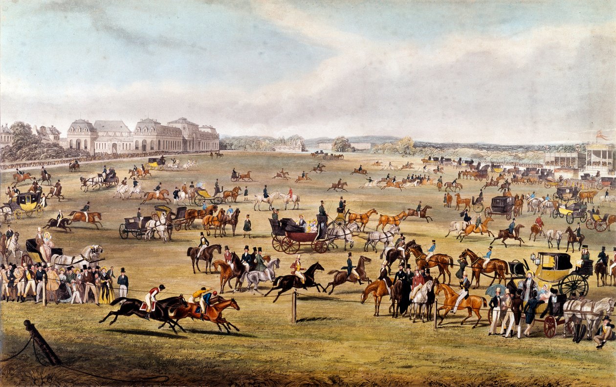 オルレアン公の後援によるシャンティイでの競馬 1841年のエングレーヴィング。個人蔵 作： 無名の画家