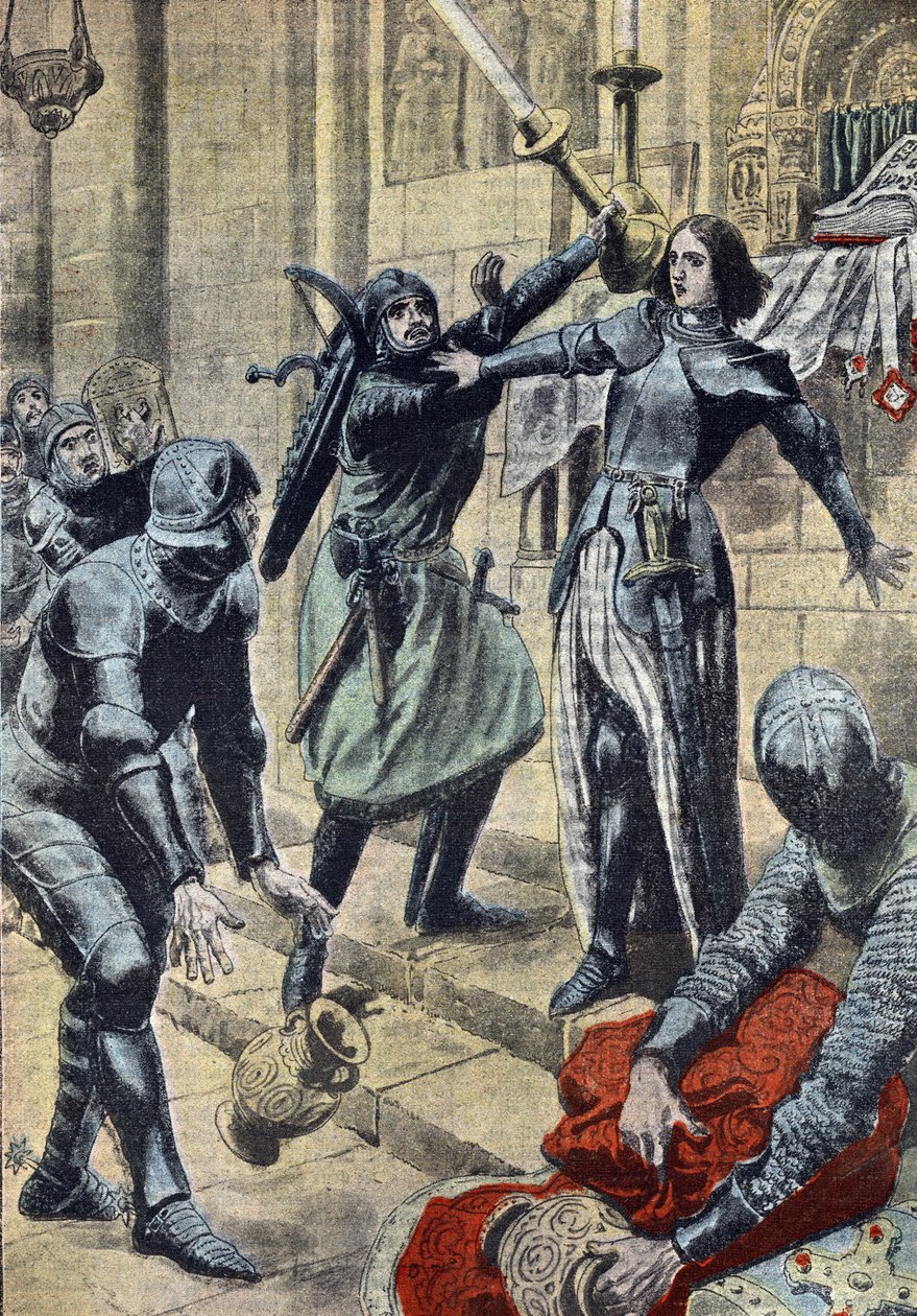 百年戦争：「ブルゴーニュ地方ニエヴルのサン＝ピエール＝ル＝ムーティエ教会で、シャルル2世ダルブレの兵士による略奪を阻止するフランスのヒロイン、ジャンヌ・ダルク（1412-1431）の表象、1429年4月11日」（フランスのヒロイン、ジャンヌ・ダルクがブルゴーニュ地方ニエヴルのサン＝ピエール＝ル＝ムーティエ教会で、シャルル2世ダルブレの兵士による略奪を阻止している。 作： 無名の画家