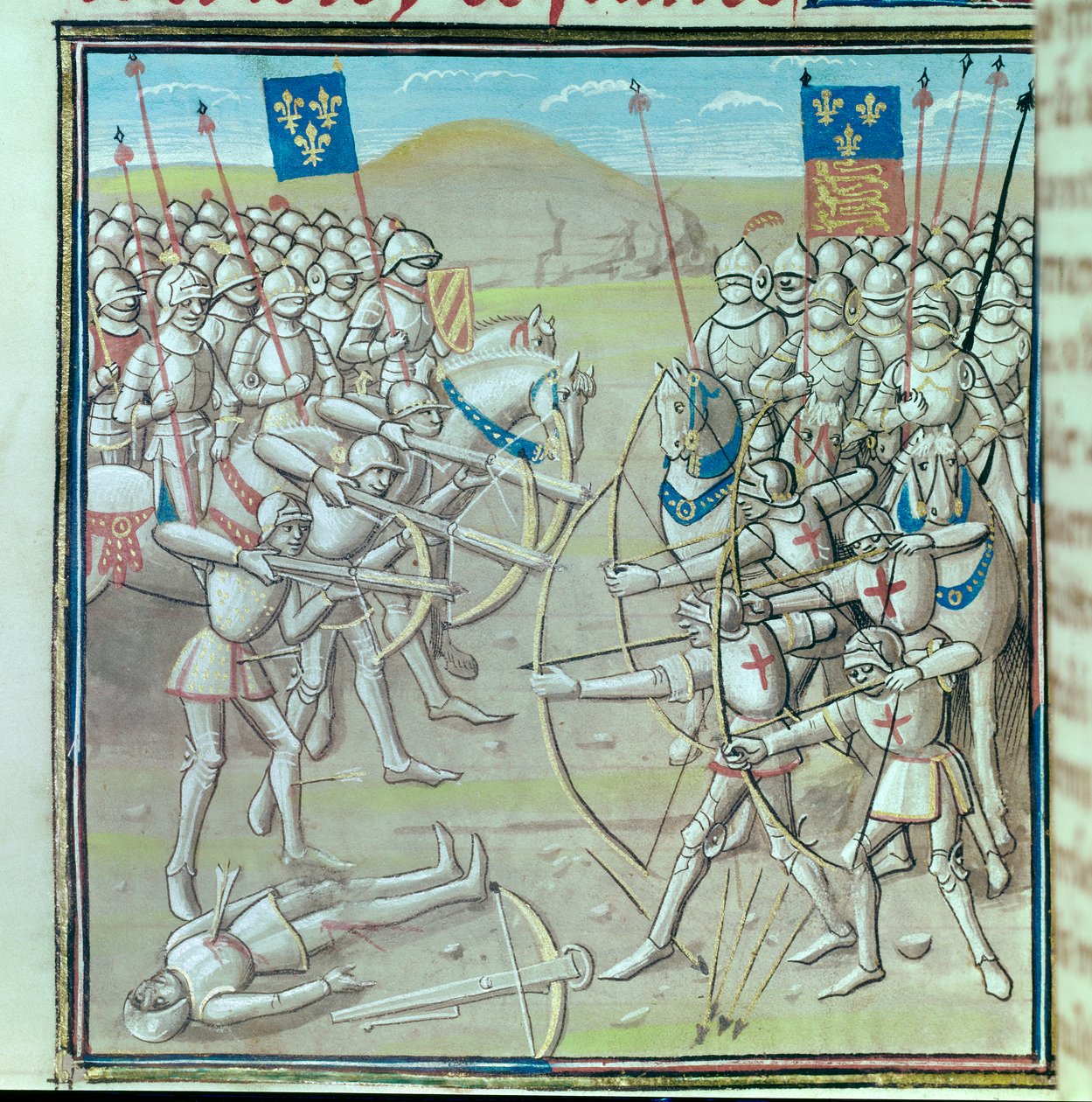 百年戦争：1346年8月26日、フランス軍とイギリス軍の間で行われたクレシーの戦い。14世紀の写本のミニチュア パリ、Bibliotheque de l