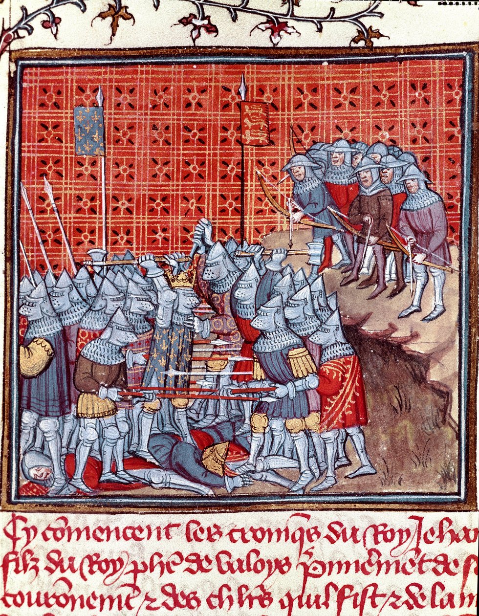 百年戦争：「戦闘中のフランス王ジョン2世（1319～1364年）」 ジャン・フロワサール（1337～1400年）の「フランス大年代記」から引用されたミニチュア 14世紀 シャンティイ、コンデ美術館蔵 作： 無名の画家