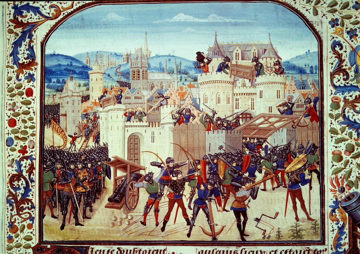 百年戦争：1340年、ジャン・デ・ハイノー伯爵によるピカルディのオーベントンの街のバッグ。ジャン・フロワサール（1337-1400）の「年代記」のミニチュア。B.N. 作： 無名の画家