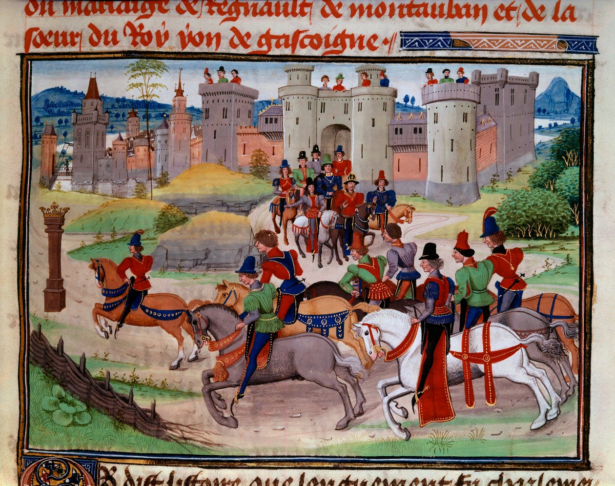 狩猟の場面。Loyset Liedet（1448-1478年に活躍）の手稿「Renaud de Montauban」または「Les quatre fils Aymon」のミニチュア。Ms.5073。15世紀 パリ、アルセナル図書館 作： 無名の画家