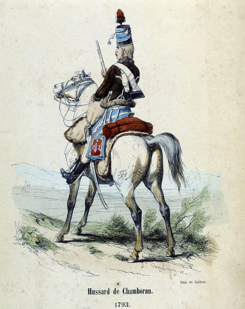 1793年、シャンボランのユサールが馬に乗って登場。 作： 無名の画家
