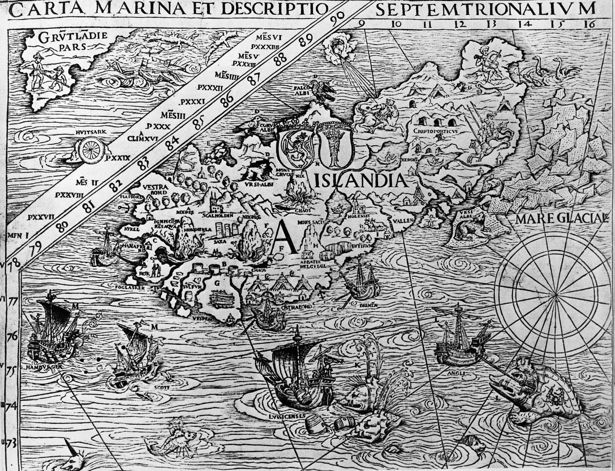 アイスランド、1539年頃、スウェーデンの大司教、オラウス・マグヌス（1490-1557）による「カルタ・マリーナ」の細部 作： 無名の画家