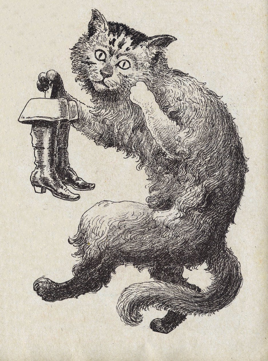 フランスの作家、シャルル・ペロー（1628-1703）の物語「Le chat Botte」の挿絵。匿名のイラスト。イメージ：Marcel Vagne、Jarville Nancy、年代不詳（19世紀後半）。 作： 無名の画家