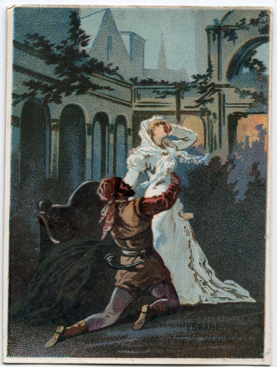 イタリアの作曲家ジュゼッペ・ヴェルディ（1813〜1901）が、ヴィクトル・ユーゴーの悲劇「エルナーニ」をもとに1844年に制作したオペラ「エルナーニ」第2幕第4場のイラスト。19世紀末のクロモリトグラフ。 作： 無名の画家