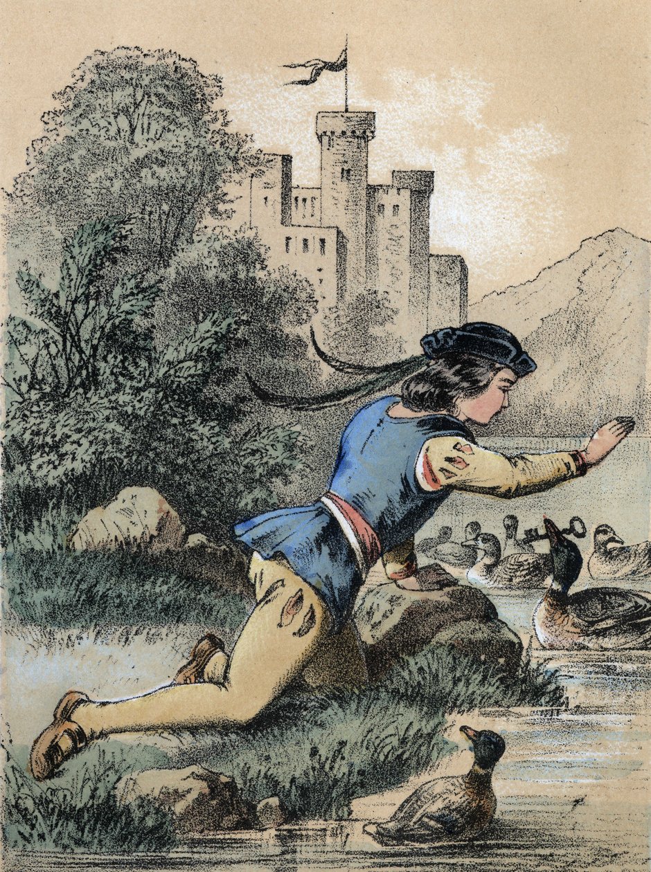 フランツ・ホフマンの物語「Tales et Fables - Les 3 princes」のイラストです。アヒルから鍵を受け取る王子。19世紀のクロモリトグラフ。 作： 無名の画家