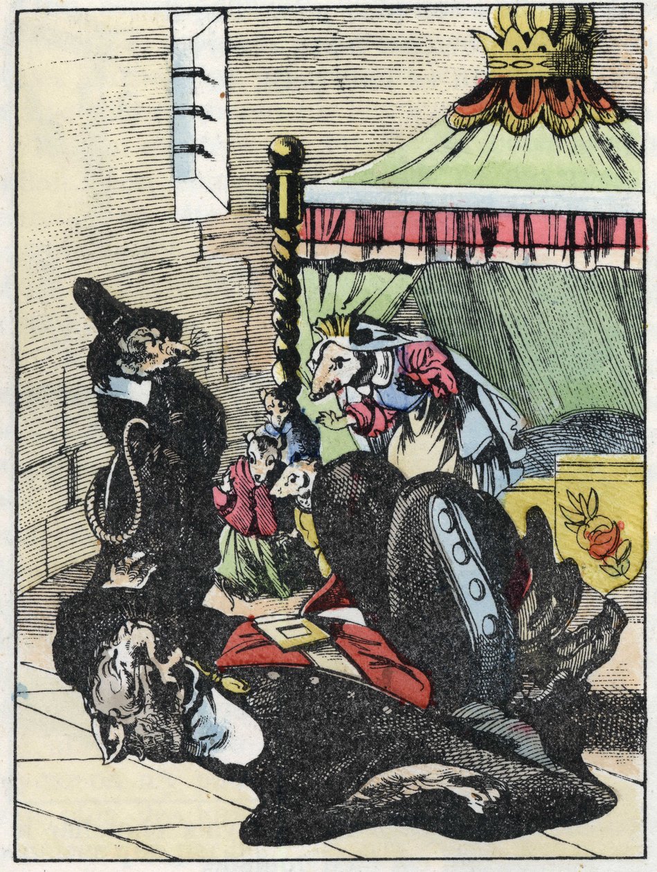 ジャン・ド・ラ・フォンテーヌの寓話を描いた物語「恐ろしいラミナグロビスとネズミたち」の挿絵。小さな子供たちのための家の物語」の中で。19世紀のアノニマス・エングレーヴィング。 作： 無名の画家