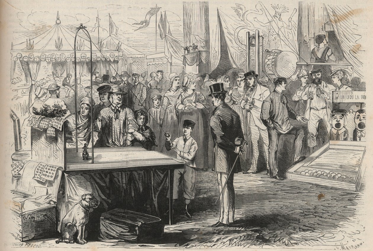 フォンテーヌブローの晩餐会に参加した皇太子ユージン・ルイ・ジョセフ（1856-1879）。紐で吊るされたボールの力を借りて、人形を脱力させようとしている。"The Universe illustrious "のエングレーヴィング 作： 無名の画家