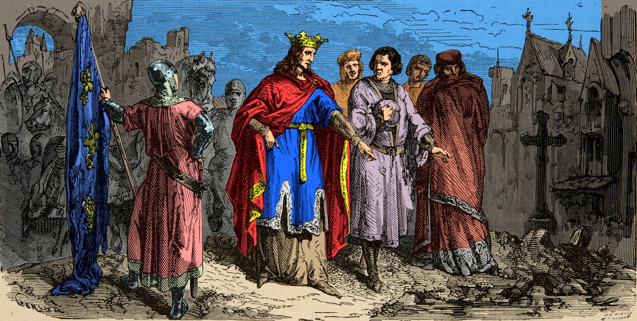1186年、フィリップ・オーギュスト（1165-1223）は、パリの道路を舗装するように命じた、19世紀のエングレービング 作： 無名の画家