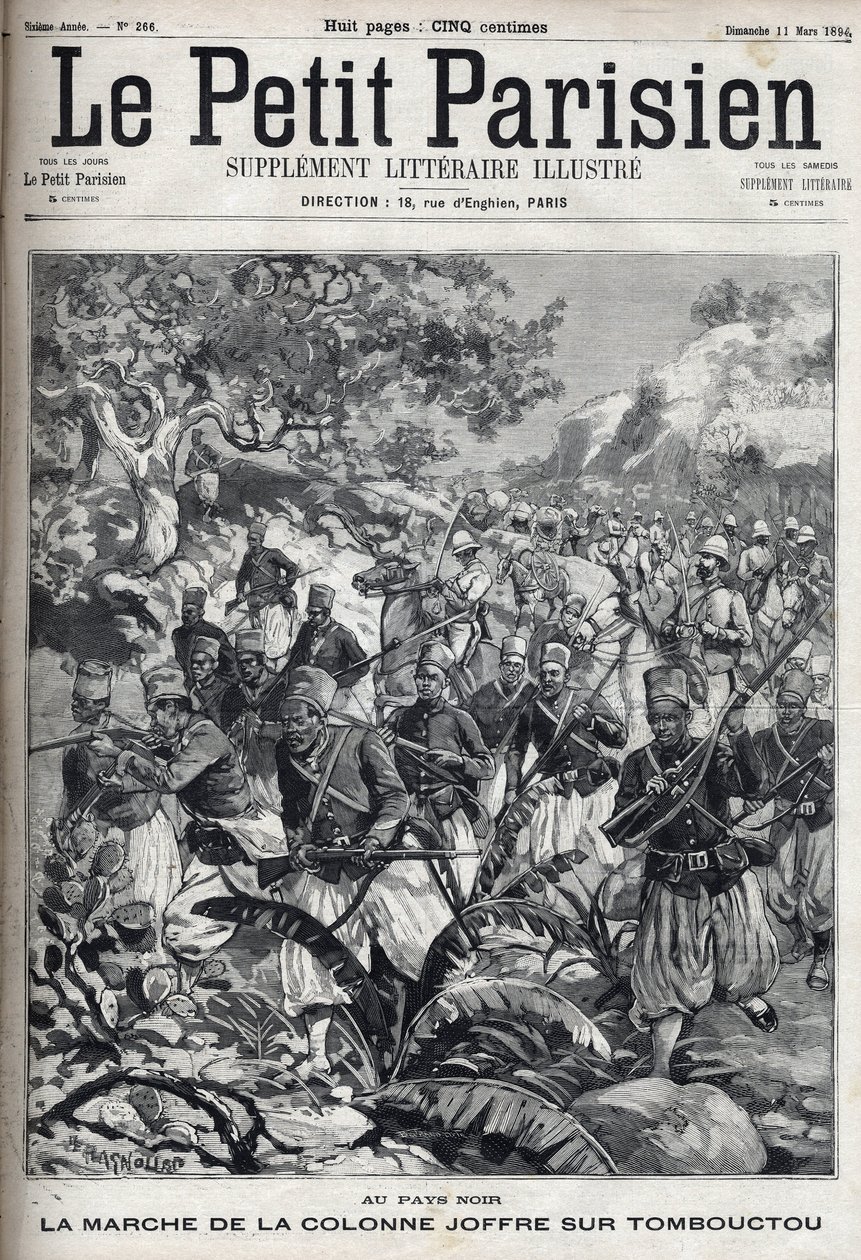 フランス植民地：ジョセフ・ジョッフル将軍（1852-1931）とスパイスの軍隊の隊列がティンブクトゥ（マリ）に進軍。"Le Parisien "に掲載された版画 作： 無名の画家