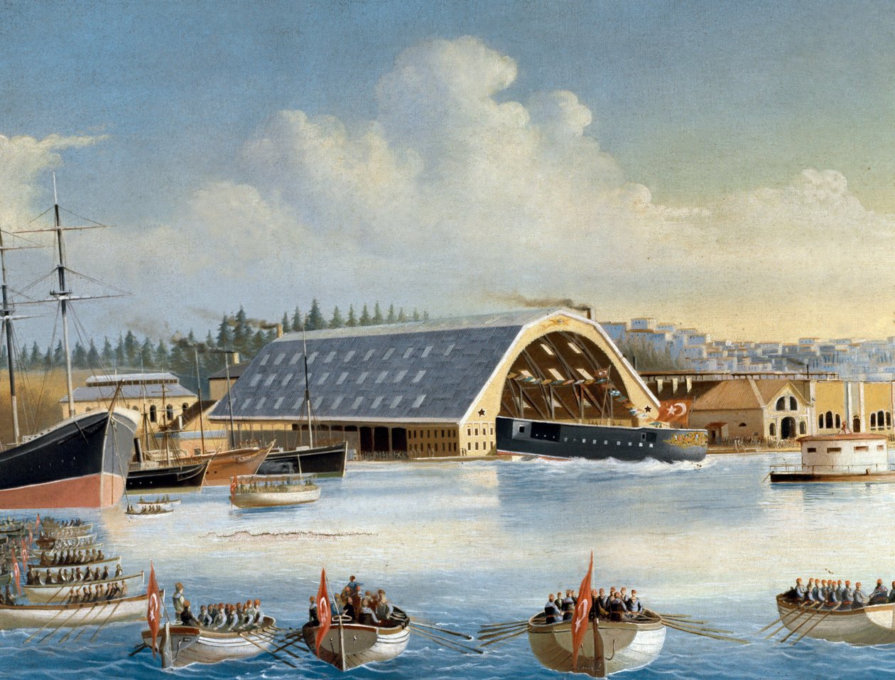 1880年のタスキザック造船所での船の就航詳細。絵画。イスタンブール、海軍博物館 作： 無名の画家
