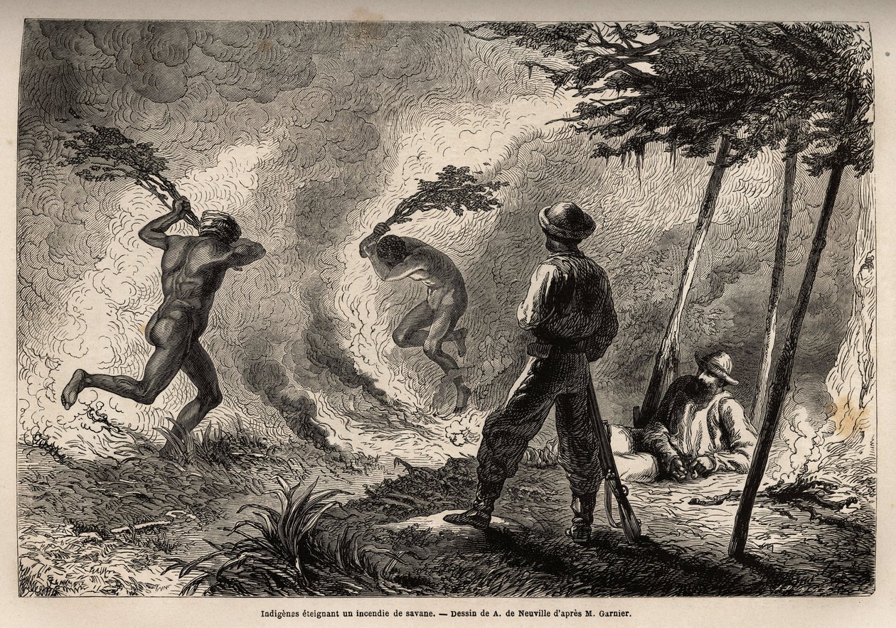 Einheimische Kanaken entzündeten ein Savannenfeuer, das sie selbst angezündet hatten, um Mücken zu jagen, vor den Augen des Erzählers und seines Reisebegleiters. Gravur zur Illustration der Reise nach Neukaledonien von 1863 bis 1866, von Jules Garnier, Ber von Unknown artist