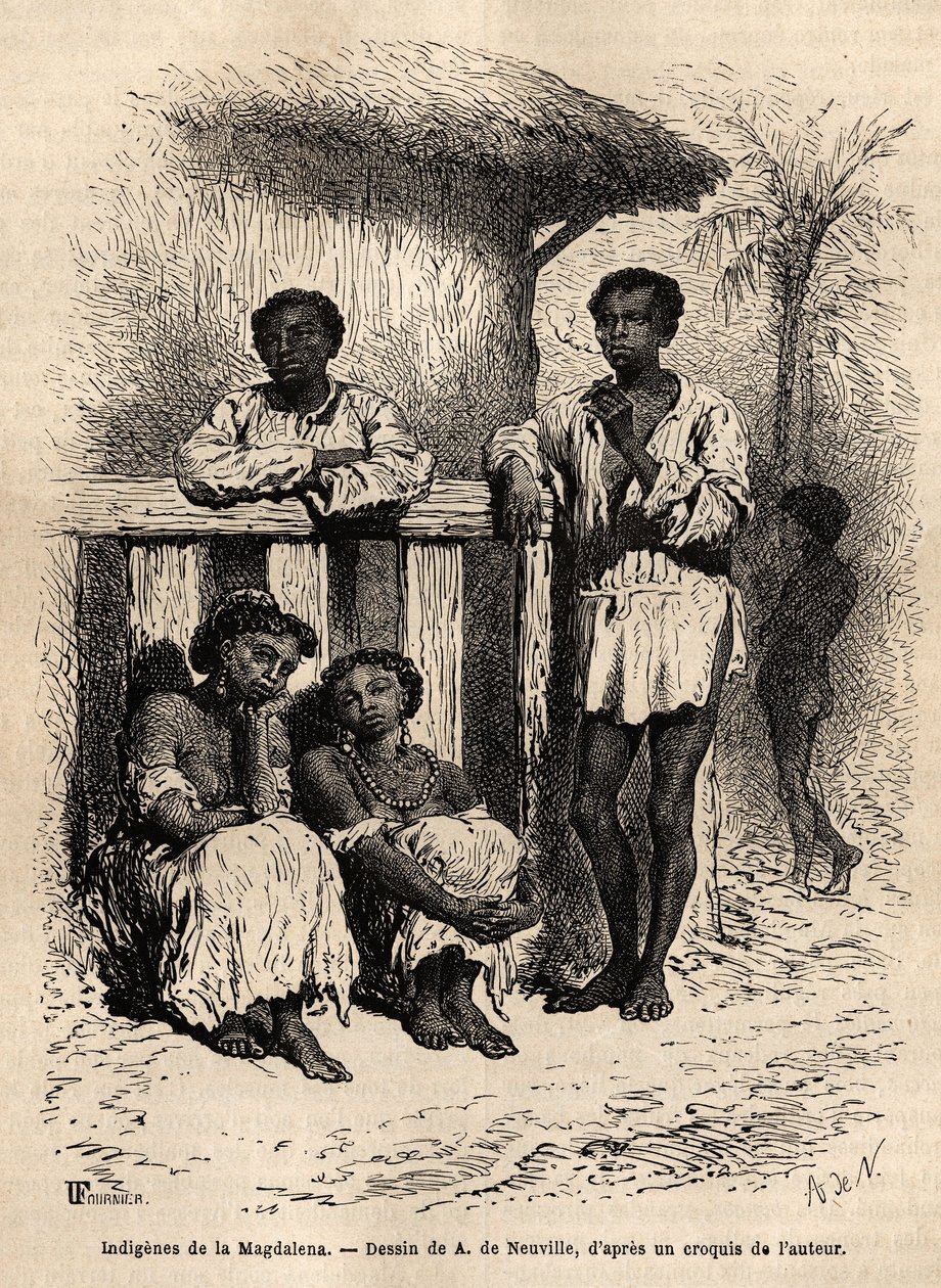 Einheimische des Magdalena (Flüsse), in den Straßen der Stadt Mompox (Kolumbien). Gravur zur Illustration der Reise nach Neugranada, von Dr. Saffray, 1869, veröffentlicht in „Le tour du monde“ 1872, herausgegeben von Edouard Charton, Hachette-Edition von Unknown artist