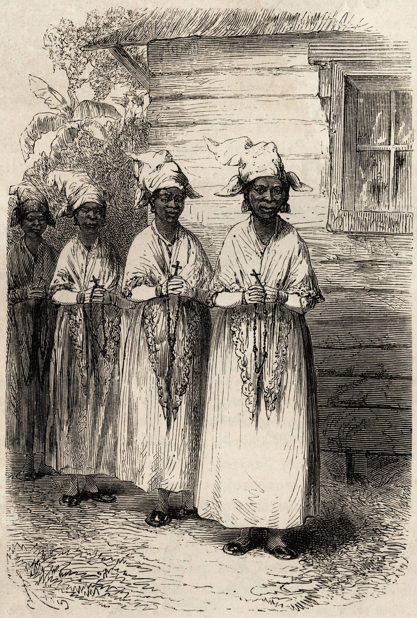 フェット・デューのカトリックの行列に参加するガイアナの先住民の女性たち。1862年から1863年にかけてのフランス領ギアナでの航海を説明するために、フレガート号の船長フレデリック・ブイエが描いたエングレーヴィング。 作： 無名の画家