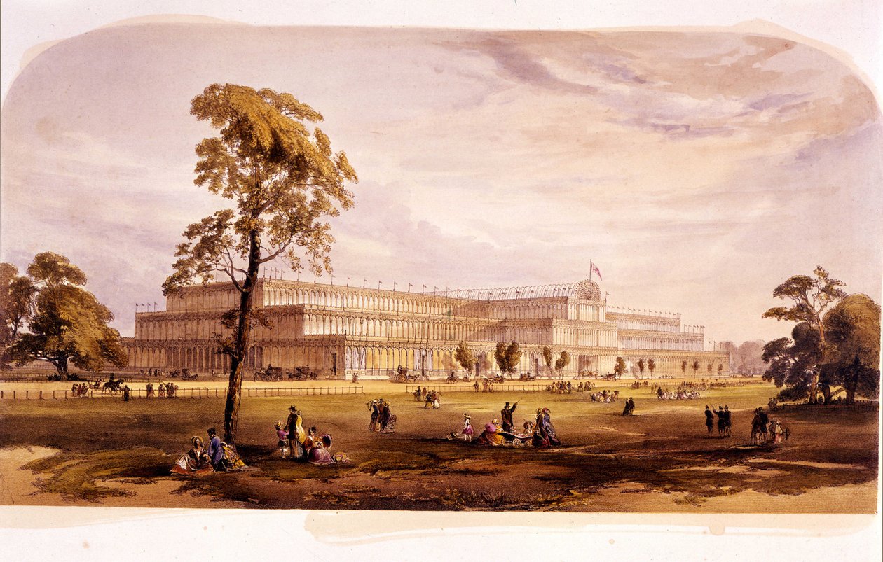 産業革命：1851年のロンドン万国博覧会のためにジョセフ・パクストンが建設したクリスタル・パレスの風景（ハイド・パーク） 19世紀 作： 無名の画家