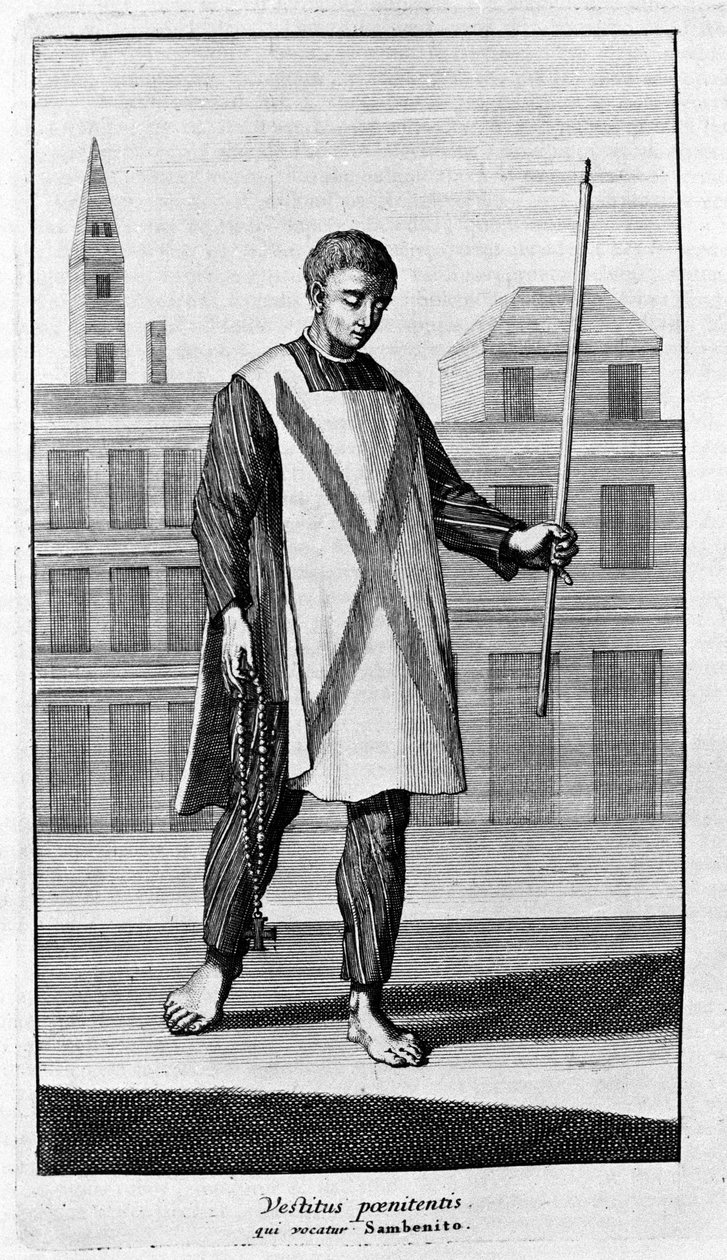 異端審問。オートダフェの行列のためのサン・ベニートの服。アムステルダム1692年の『異端審問史』からの挿絵。 作： 無名の画家