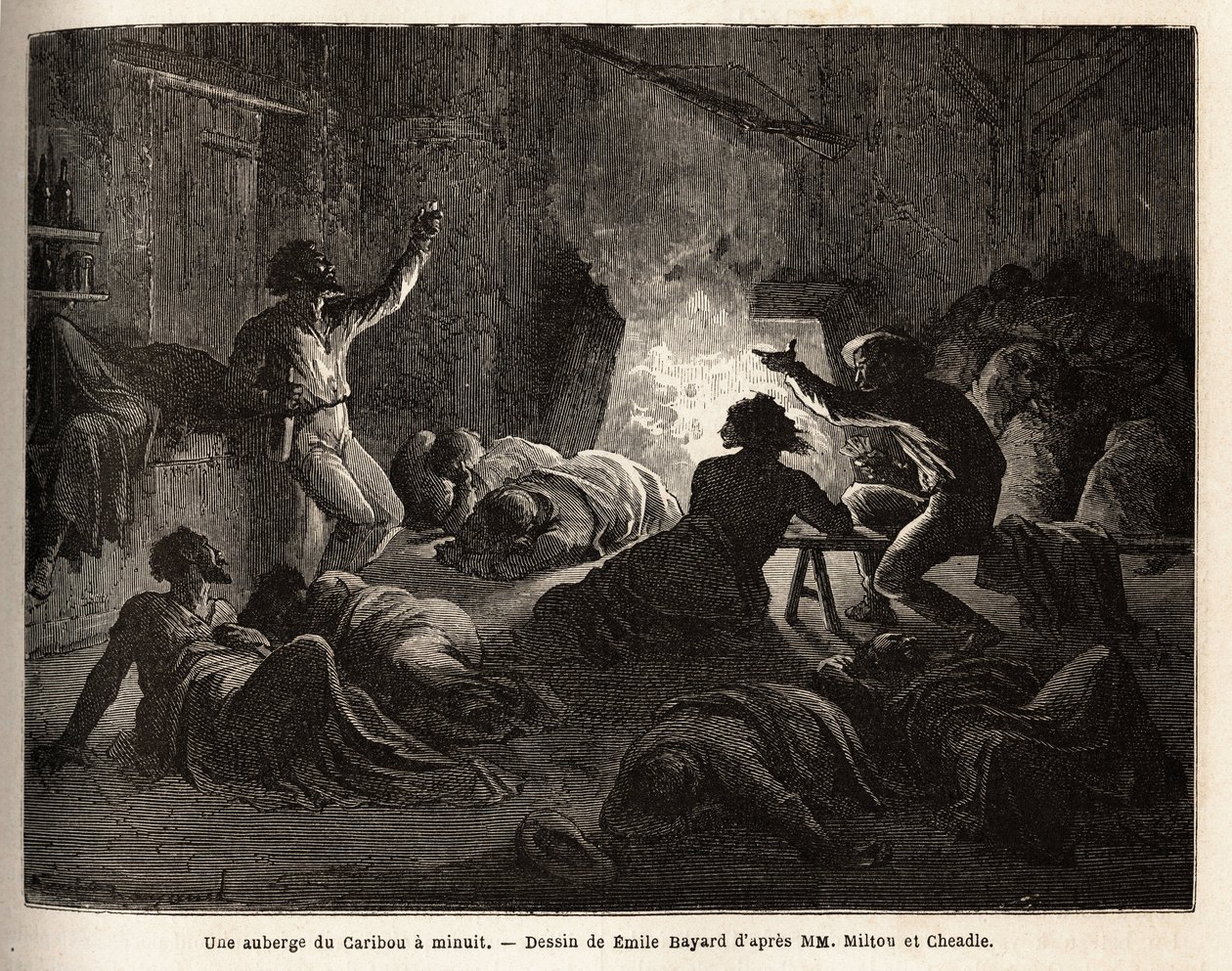 In einem Caribou-Gasthaus (Kanada), um Mitternacht, betrunkene Fallensteller und Bergleute singen, dann fallen sie zu Boden oder schlafen in einer Decke ein. Gravur zur Illustration der Reise vom Atlantik zum Pazifik (Route du nord ouest par les terres), i von Unknown artist