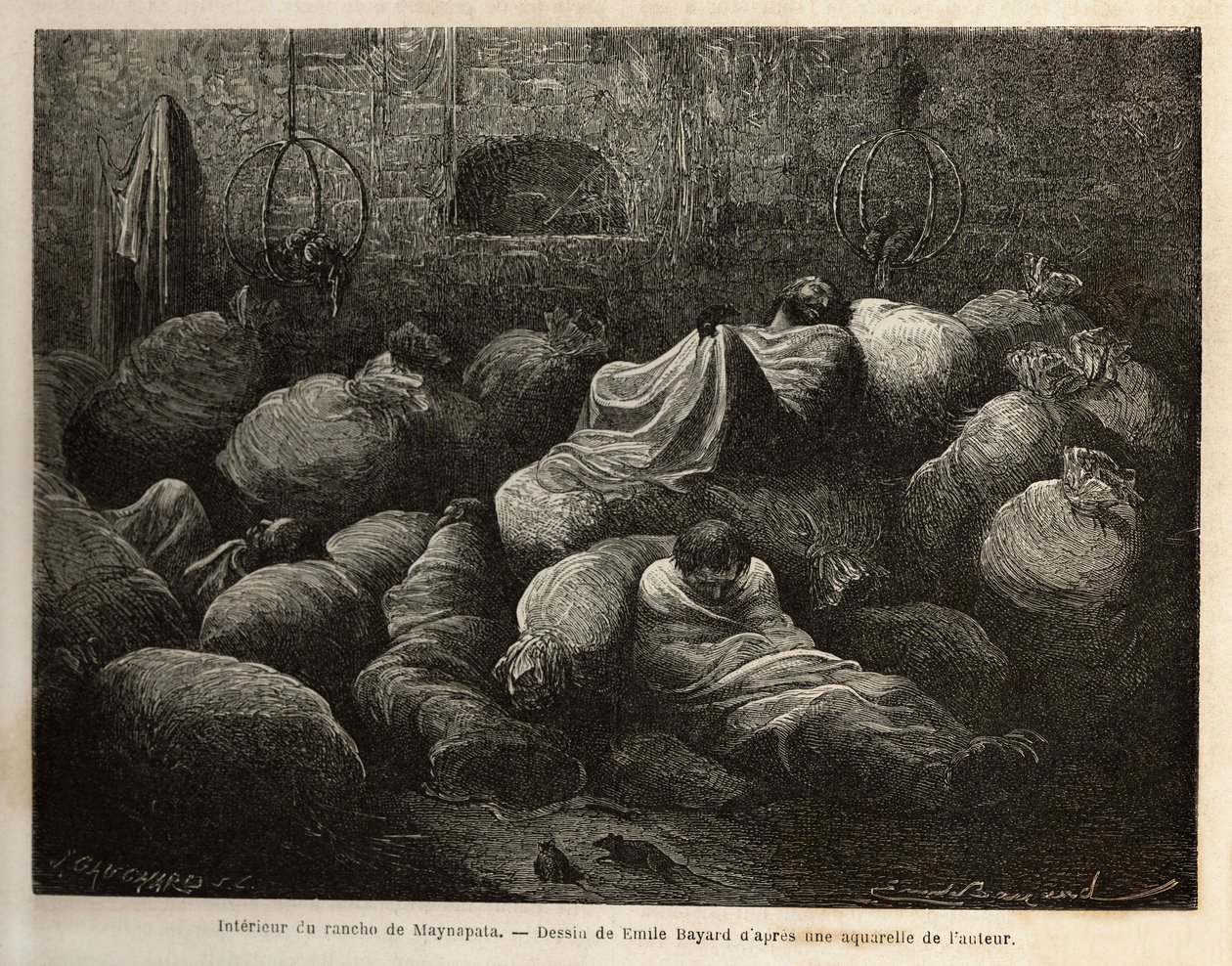 In einem Rancho von Maynapata (Unteres Peru), überrascht von einem Schneesturm, suchen Reisende Zuflucht in einer Lehmhütte und ruhen sich aus und wärmen sich inmitten von Kartoffel- und Maisbeuteln. Gravur zur Illustration der Reise in die Täler von Quinq von Unknown artist