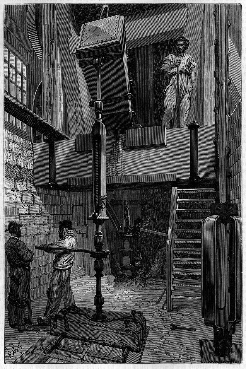 石炭鉱を発見するためのドリルの設置。"Le journal de la jeunesse "に掲載された版画 作： 無名の画家