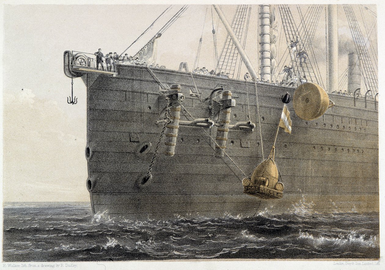 1858年の海底ケーブル設置（目印のブイ） - 1860年頃のW.H.ラッセルの "The Atlantic telegraph "にて 作： 無名の画家