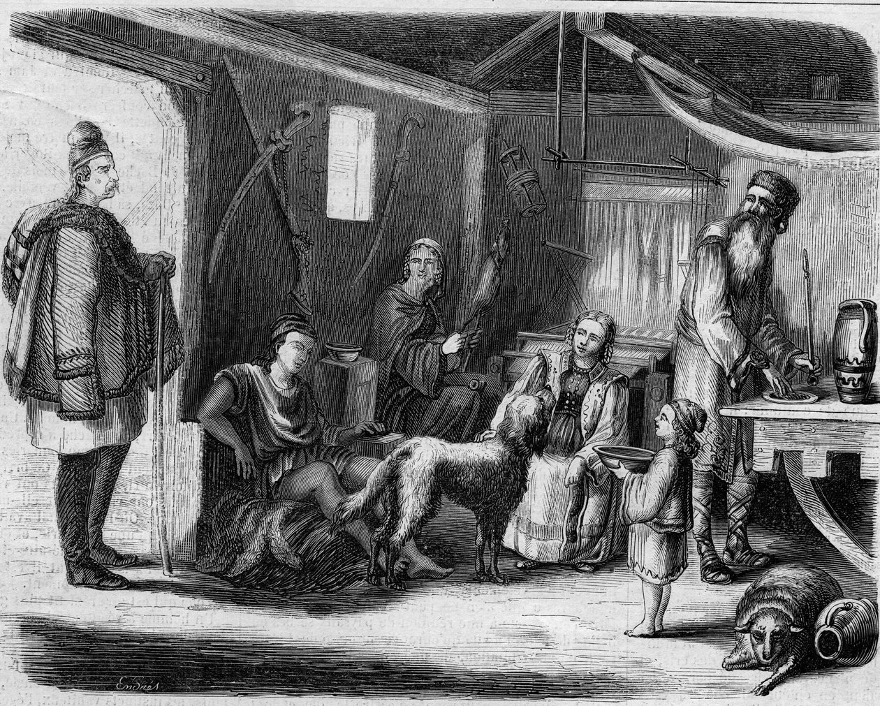 1859年、ベオグラード近郊にあるセルビアの農民の家の内部。 作： 無名の画家