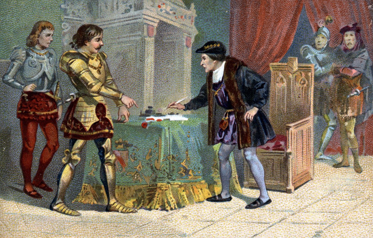1468年10月、フランス王ルイ11世（1423-1483）とブルゴーニュ公シャルル1世のペロンヌでの会見.19世紀のリービッヒ・クロモリグラフィー 作： 無名の画家