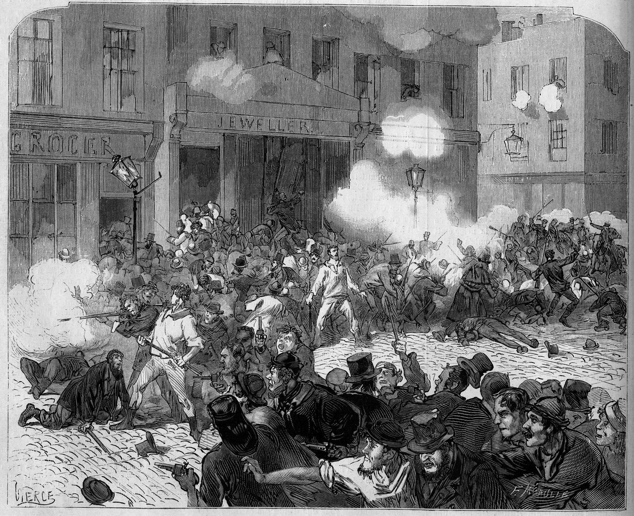 1872年、アイルランド。ベルファスト紛争、オレンジ主義者とカトリック教徒の争い。 作： 無名の画家