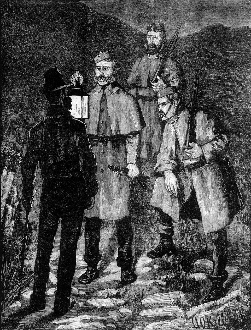 容疑者を制止するアイルランド警察のパトロール（1881年 作： 無名の画家