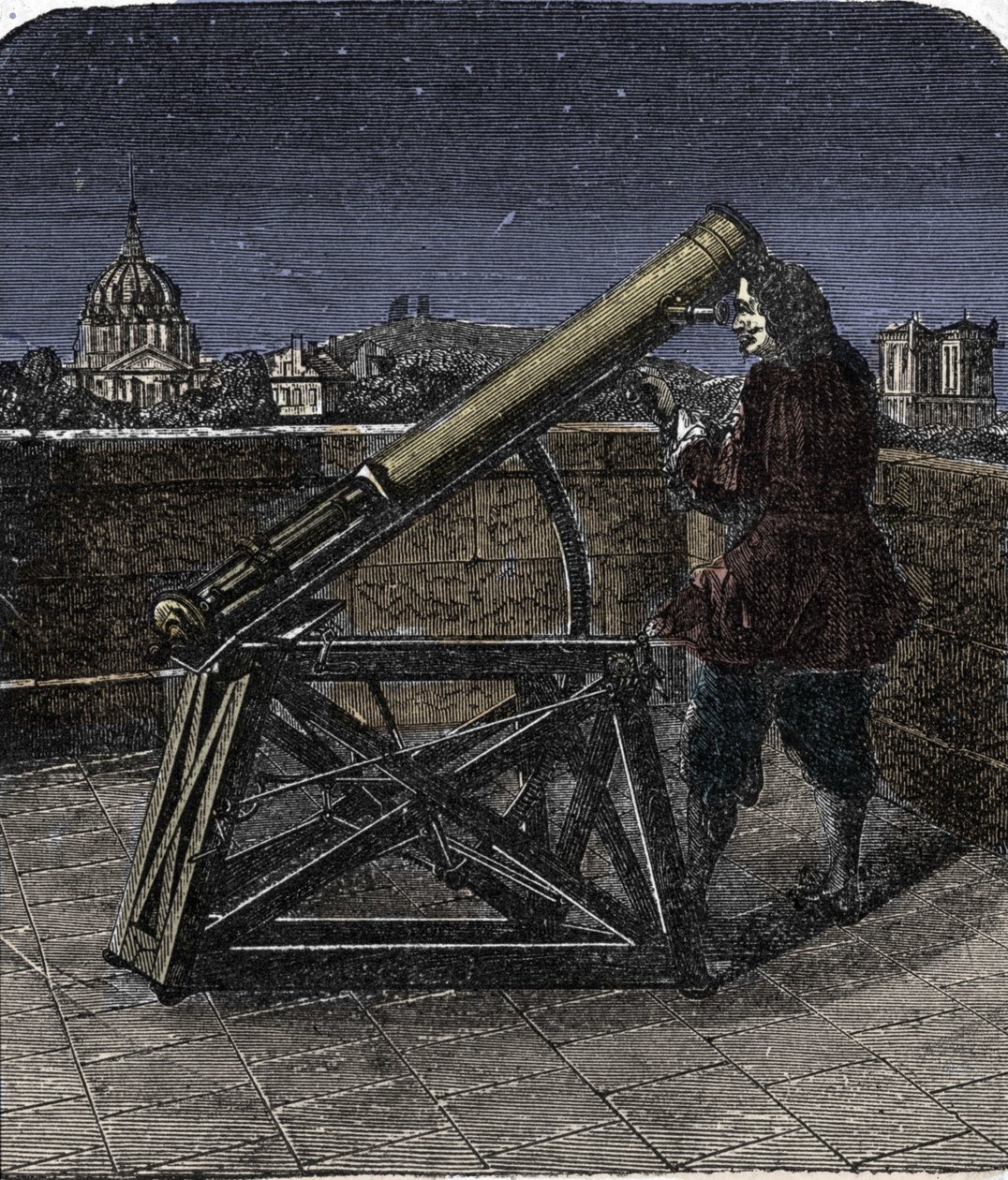 アイザック・ニュートン（1642-1727） 望遠鏡を使うイギリスの物理学者。 作： 無名の画家