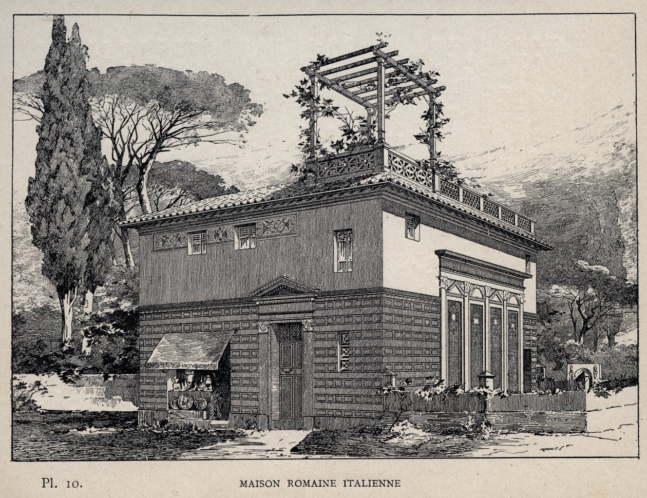 イタリアのローマ時代の家-1889年の「1889年万国博覧会における人間の居住の歴史（シャルル・ガルニエ氏著）」に掲載された彫刻-1889年のパリ中央美術出版社刊 作： 無名の画家