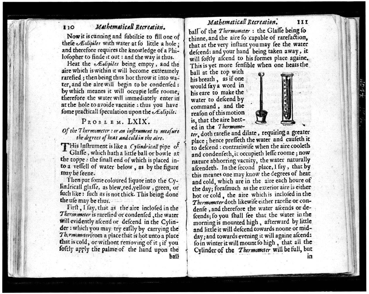 イタリアとオランダの温度計 ジャン・ルレション（1591-1670）の「数学の娯楽」のページ 1653年 作： 無名の画家
