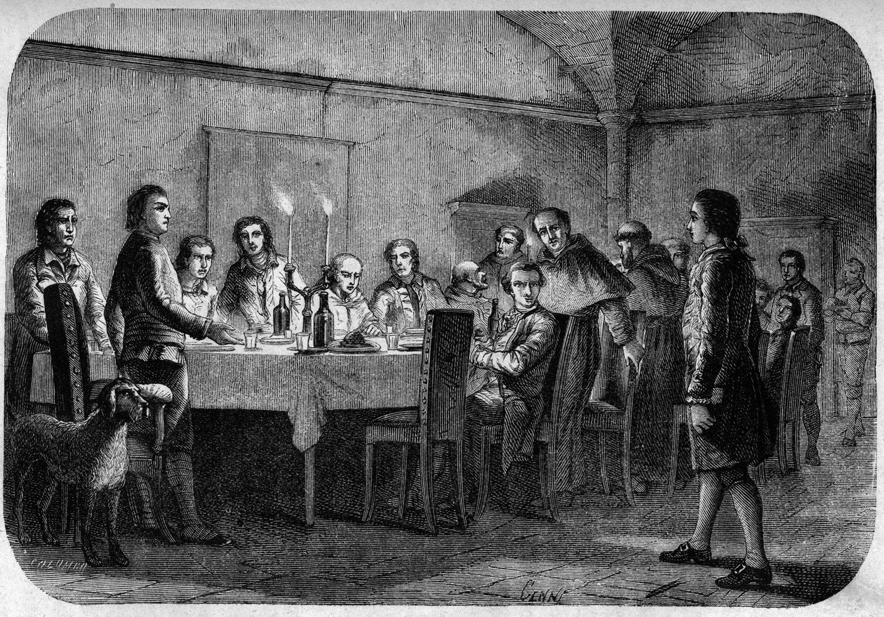 ジェームズ・ボズウェル（1740～1795） スコットランドの作家・弁護士、アレキサンダー・ボズウェル卿の息子、パスカル（パスクアーレ）・パオリの食事会で受け取った。F.D.Guerrazzi著「Pasquale Paoli ossia la rotta di Pontenuovo」にて。1872. 作： 無名の画家