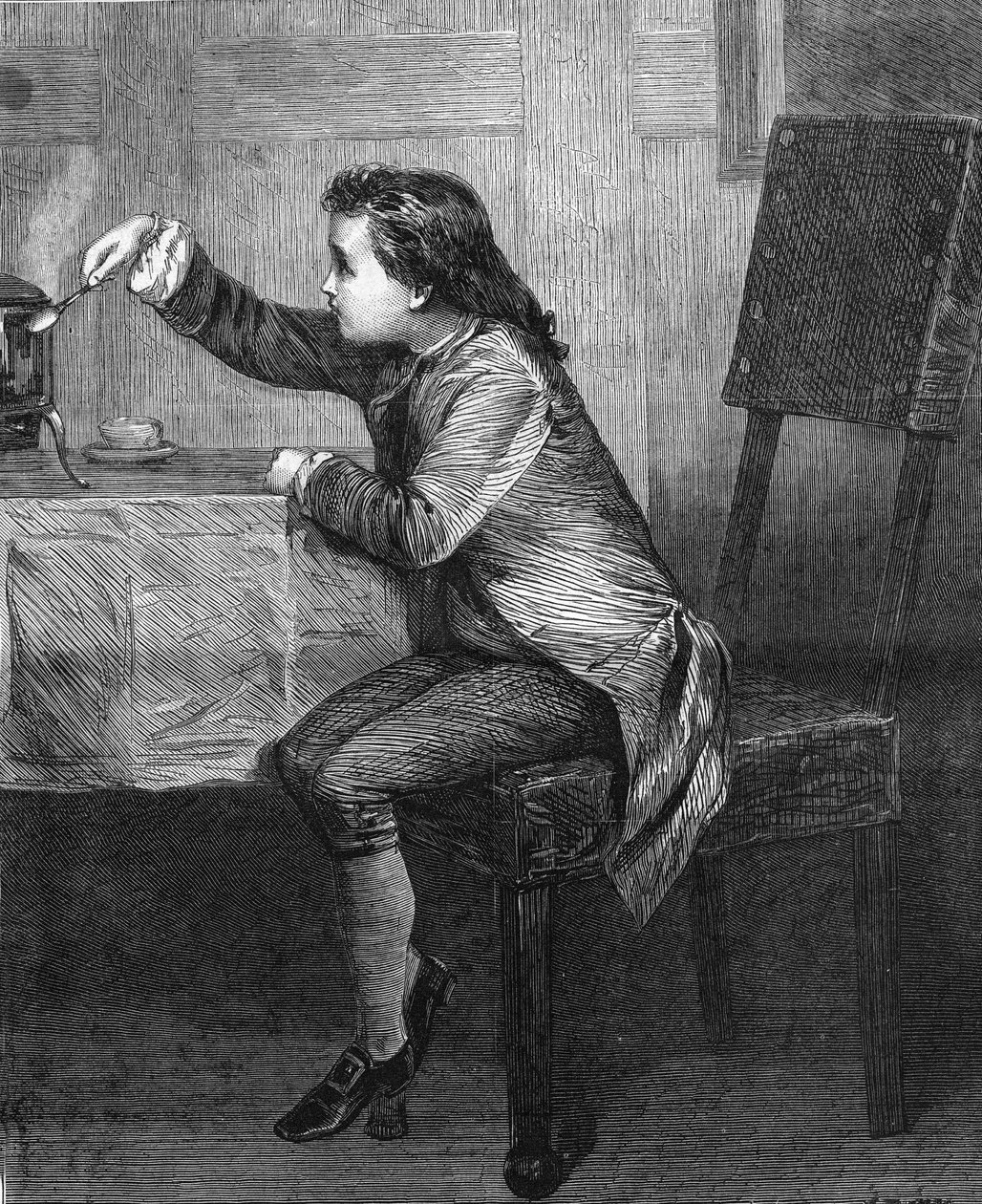 蒸気の法則を発見したジェームズ・ワット（1736-1819）の子供。マーカス・ストーンの絵を参考にした1868年のエングレーヴィング。 作： 無名の画家