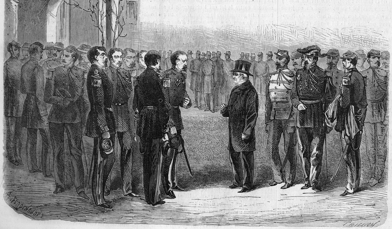 1873年1月。アドルフ・ティエール（1797-1877）、フランスの政治家、共和国大統領、陸軍大臣とハートン将軍がエコール・ポリテクニークを訪問。1873年のエングレーヴィング。 作： 無名の画家