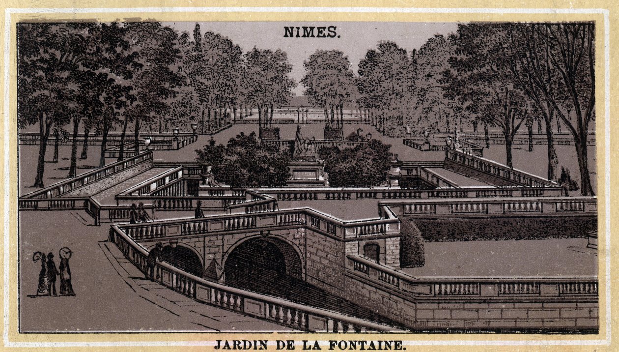 ニーム（ガール、ラングドック＝ルシヨン）のフォンテーヌ庭園（Jardin de la Fontaine）。19世紀末のクロモリトグラフ。 作： 無名の画家