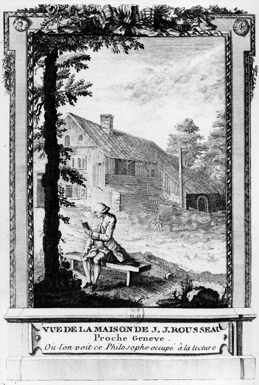 ジャン・ジャック・ルソー（1712-1778）：フランス語圏のジュネーヴ出身の作家・哲学者、彼の家（ジュネーヴ近郊）からの眺め。 作： 無名の画家