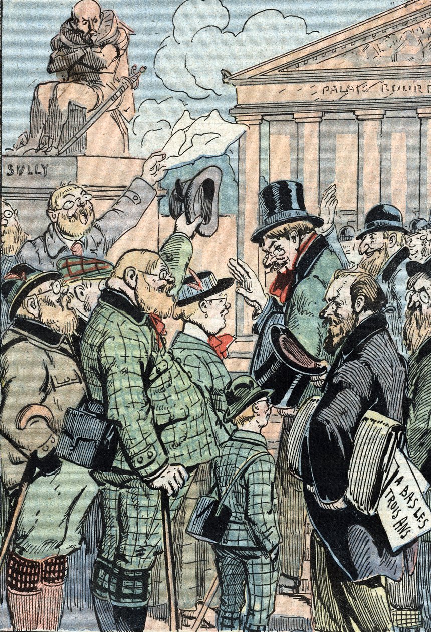 ジャン・ジャウレス統一社会主義者、ドイツ人に代表される3年法（兵役）に反対する（1914年6月）（ジャン・ジャウレス率いる統一社会主義者を支持するドイツ人、1914年6月） 「ル・ペレラン」19/07/19号からの漫画。 作： 無名の画家