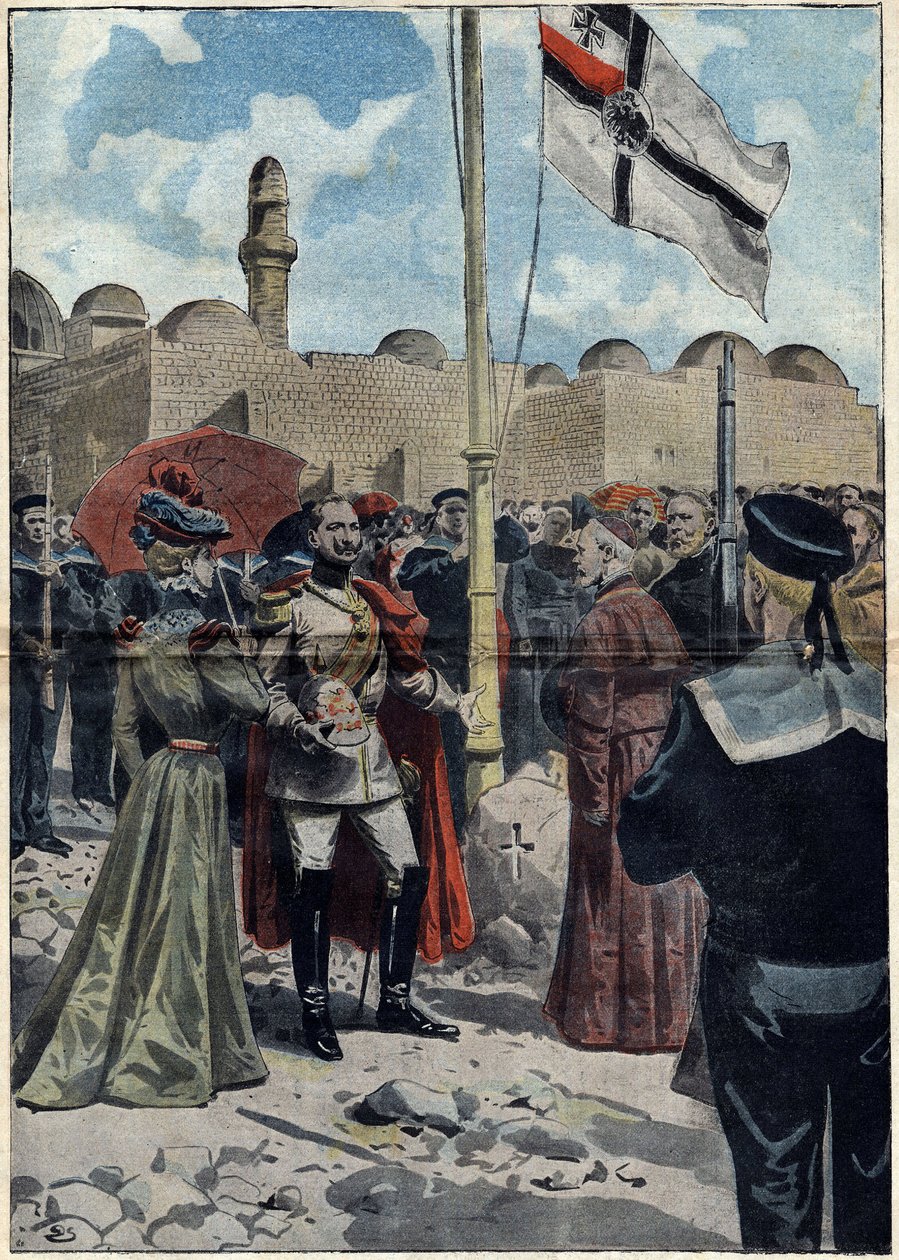 Jerusalem - Allerheiligen 1898: Wilhelm II., Kaiser von Deutschland und König von Preußen, nimmt das Land der „Dormition“ in Besitz, nahe dem Abendmahlssaal, für seine katholischen Untertanen, vor Monsignore Luigi Piavi, Patriarch von Jerusalem. Illustrati von Unknown artist