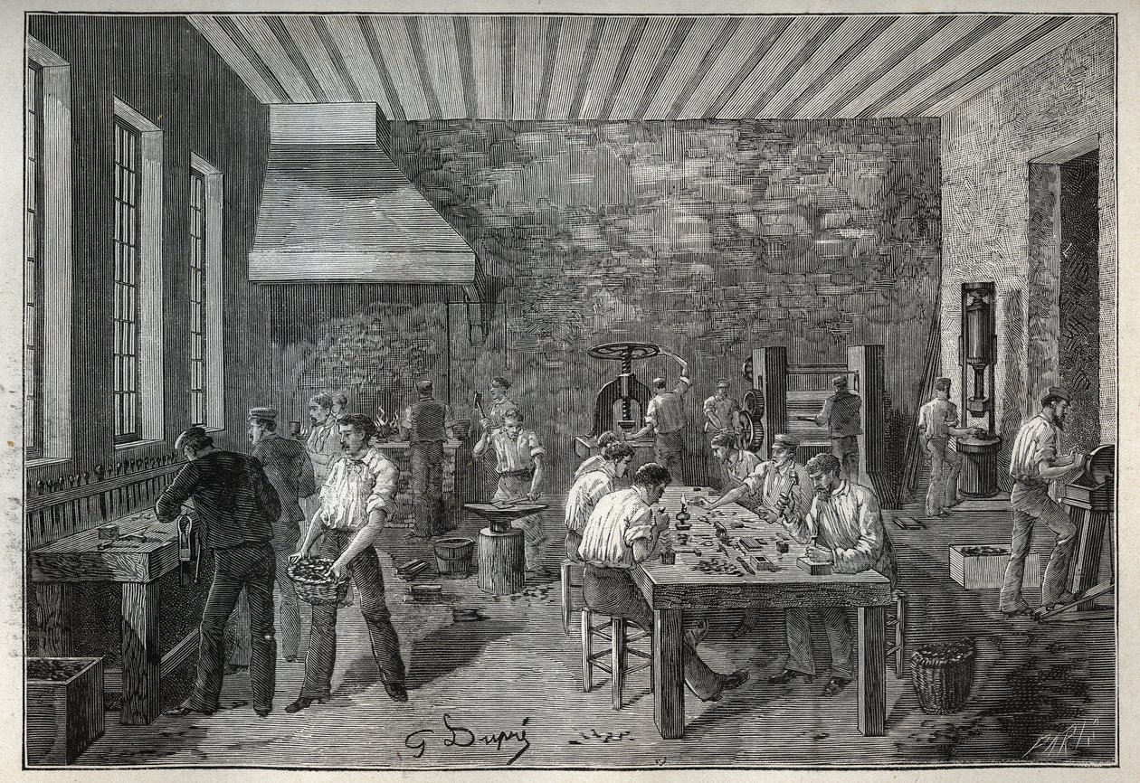 ジュエリー：スチールジュエリー工場Adolphe BITARDの "Les arts et metiers illustres "に掲載された1885年のエングレーヴィング。 作： 無名の画家