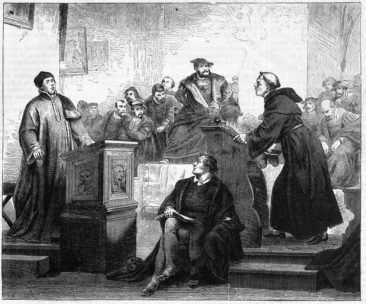 ドイツのカトリック神学者Johann Eck（1486-1543）とドイツのプロテスタント神学者・改革者Martin Luther（1483-1546）として知られるJohann Maierは、1519年にPleissenburgで出会いました。 作： 無名の画家