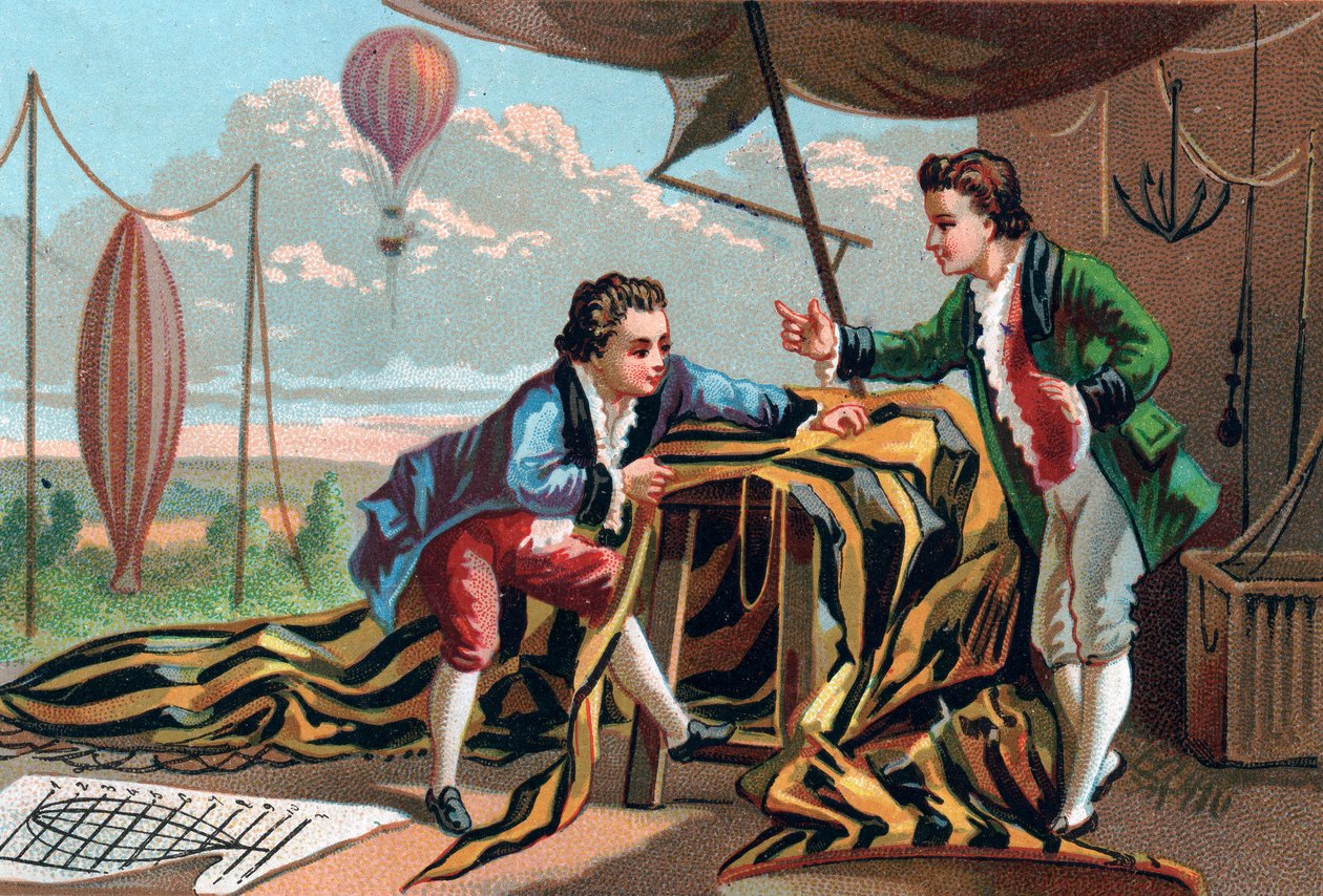 ジョセフ（1740-1810）とエティエンヌ（1745-1799）のド・モンゴルフィエ（兄弟）は、1783年にエアロスタットを発明した。19世紀の後期クロモリソグラフィ。 作： 無名の画家