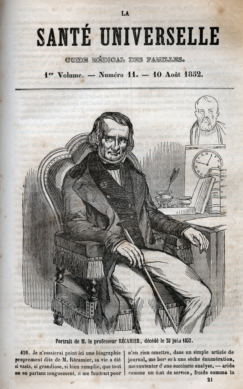 Joseph Claude Anthelme Recamier (1774-1852), フランスの外科医 - 1852年に出版された「La Sante Universelle - Guide Medical des Familles」に掲載された彫刻。 作： 無名の画家