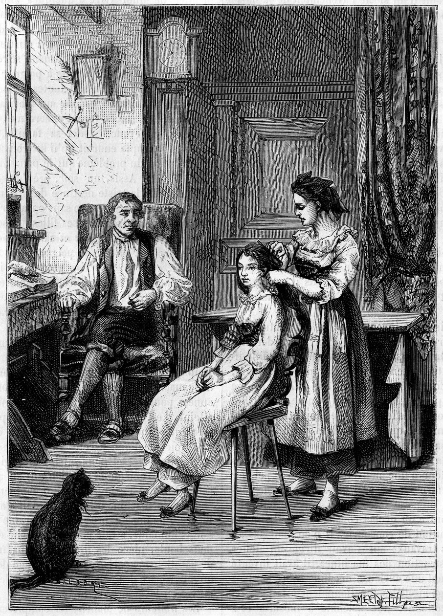 フランスの発明家ジョスエ・ハイルマン（1796-1848）は、娘たちが髪を梳く様子を観察している。彼はこの場面で、1843年に機械式コームを作ることを誓った。"La Nature: revue des sciences et de ses applications aux arts et a l
