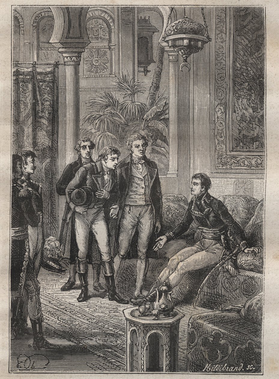 フレデリック・コンラッド（コンラッド）・ホルネマン（1772-1801）によるフェザン（リビア）への旅（1798年）：カイロ（エジプト）でボナパルトに歓迎されるホルネマン - "The Great Mariners of 18 century "より引用 作： 無名の画家