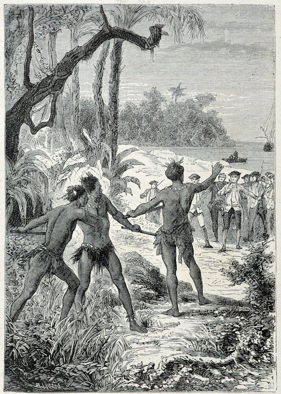 キャプテン・ジェームズ・クック（1728-1779）のニューギニアへの旅：原住民との最初の出会い、イラストは "The Great Mariners of the 18th century "より引用 作： 無名の画家