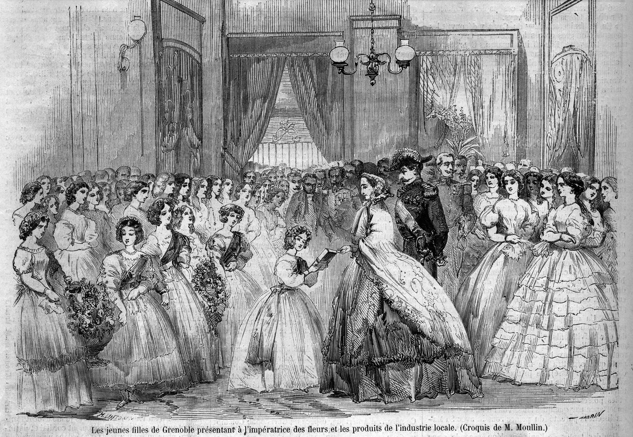 Reise von Kaiser Napoleon III. (1808-1873) und seiner Frau Eugenie de Montijo (1826-1920) zum Herzog von Savoyen nach der Annexion der Grafschaft Savoyen (März Turiner Vertrag): hier trifft das kaiserliche Paar in Grenoble junge Mädchen, die gekommen sind, von Unknown artist