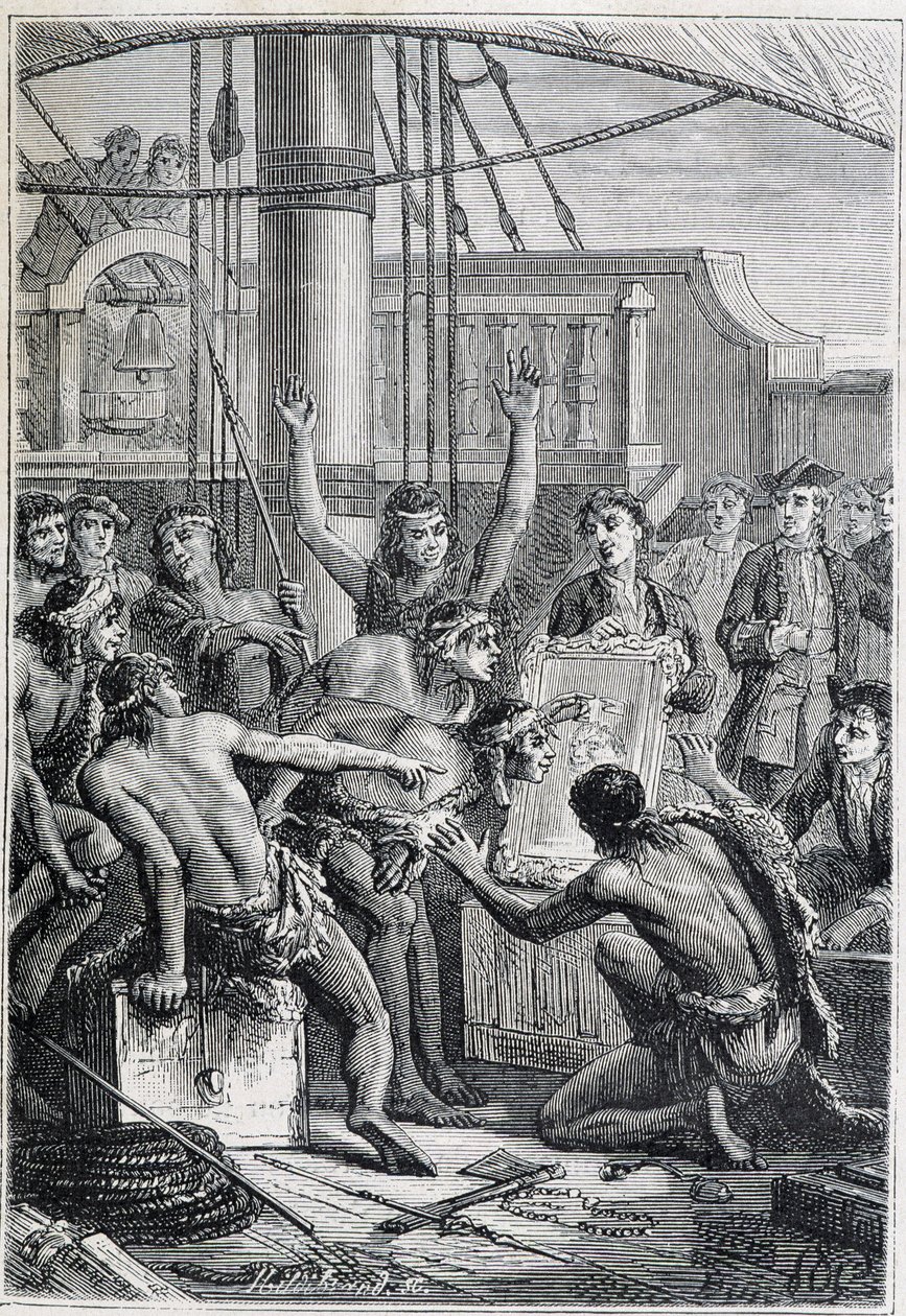 サミュエル・ウォリス（1728-1795）のポリネシアへの旅：鏡による土着のエトネ - "The Great Mariners of 18th century "から引用したイラスト 作： 無名の画家