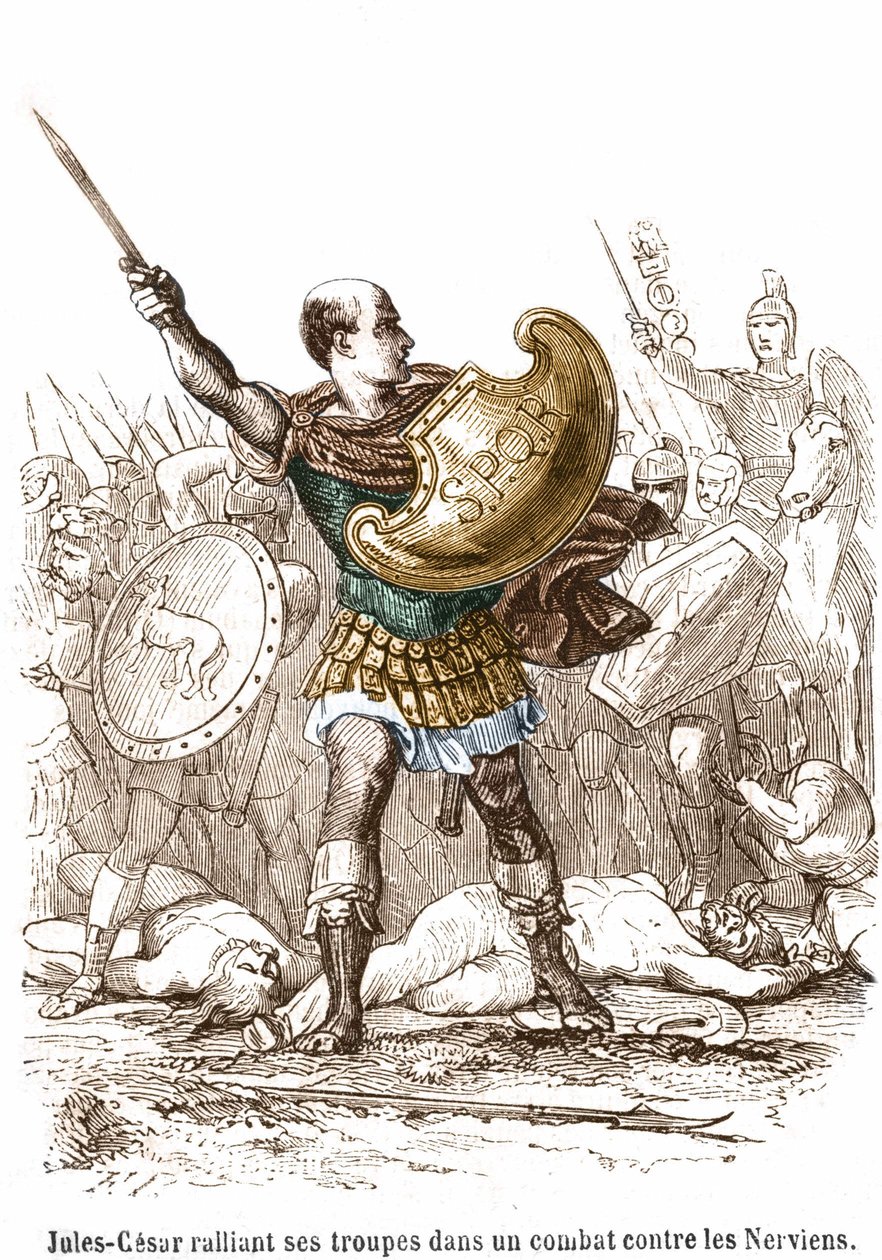 ユリウス・カエサルがネルヴィアンとの戦いで兵を集めている様子 - エングレーヴィング 作： 無名の画家